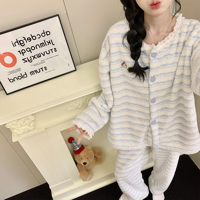 网红风睡衣女秋冬季半边绒家居服