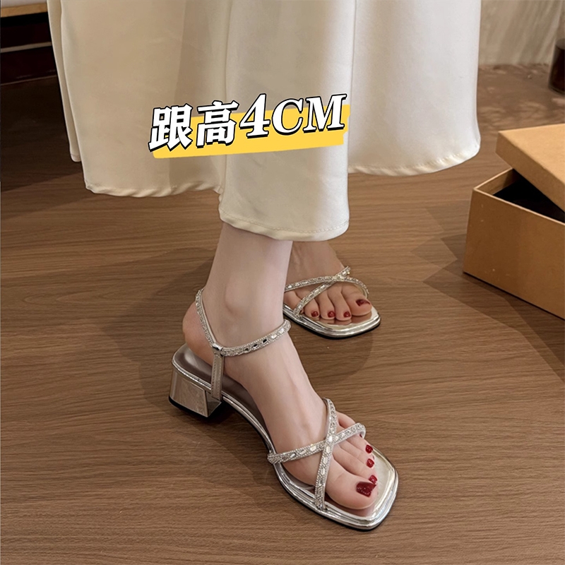 法式女款高跟粗跟凉鞋水钻2025新款夏季外穿配裙子中跟两穿凉拖鞋
