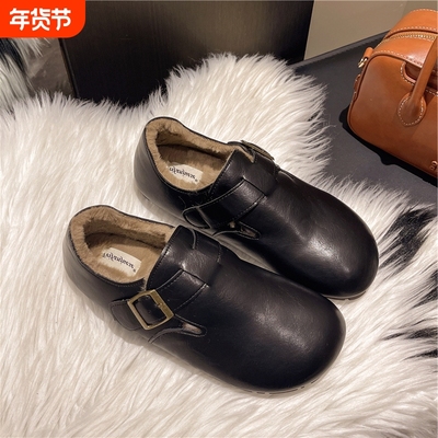 厚底勃肯鞋女2025冬季皮面防水全包加绒软底博肯毛绒黑色平底圆头