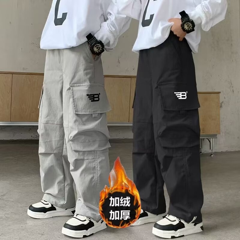 男童裤子冬季2025新款儿童中大童休闲秋冬加绒直筒工装裤男孩长裤