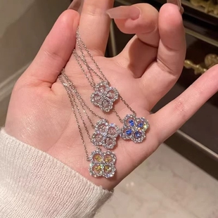 满钻四叶草项链女loop轻奢高级锁骨链镶钻白金玫瑰金蝴蝶太阳花