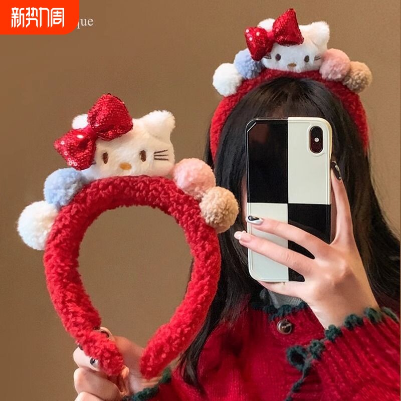 可爱红色蝴蝶结kitty毛绒发箍女秋冬洗脸敷面膜头箍圣诞新年头饰
