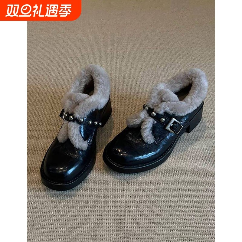 羊皮版~复古厚底加绒乐福鞋女新款百搭毛毛单鞋粗跟小皮鞋雪地靴