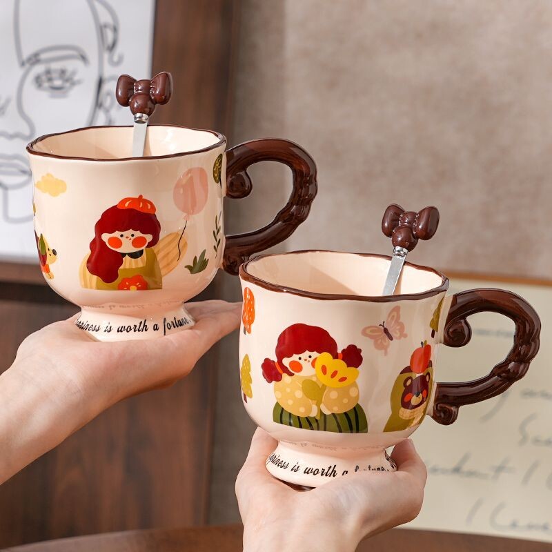复古可爱女孩马克杯陶瓷高颜值家用办公水杯咖啡杯伴手礼生日礼物
