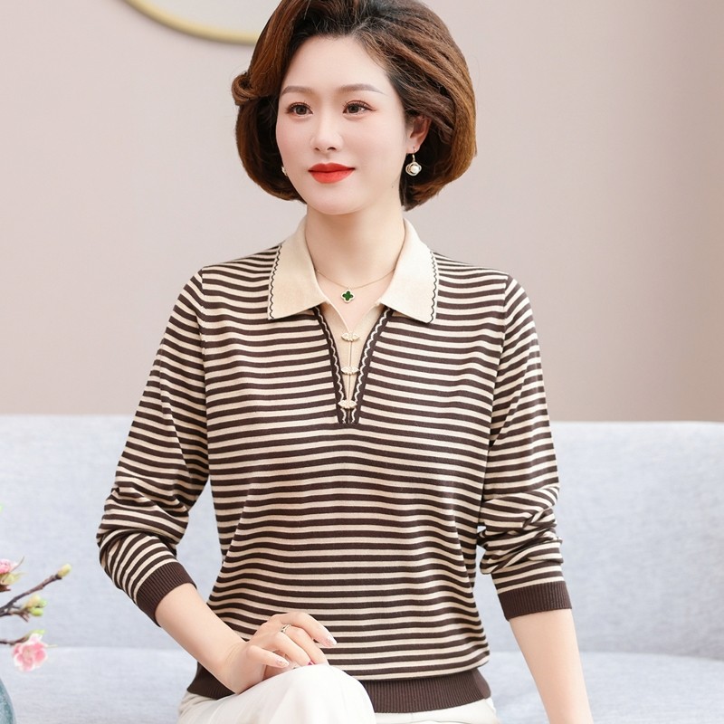妈妈款秋装翻领上衣 中年女长袖T恤打底衫50岁60中老年人春秋套