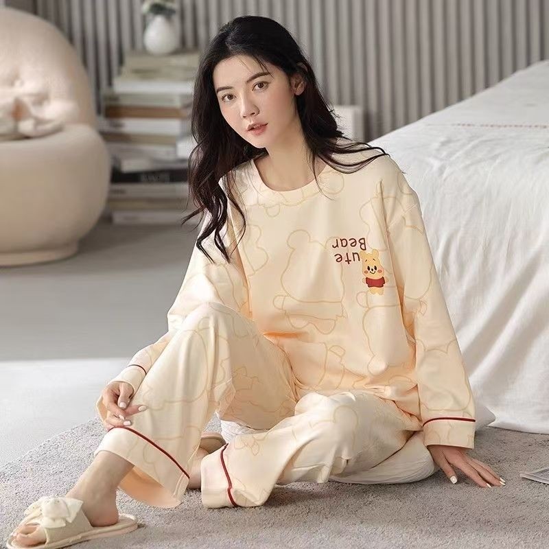 纯棉带胸垫睡衣女春秋纯棉长袖卡通学生甜美家居服全棉秋冬套装