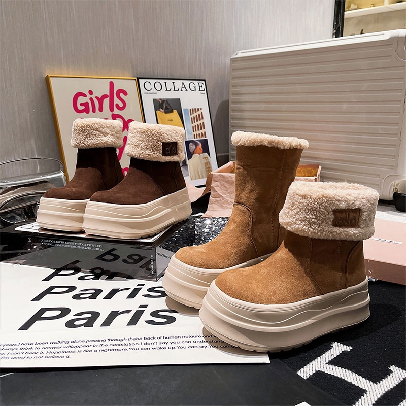 欧货毛毛鞋翻边厚底松糕两穿雪地靴女2025新款加绒保暖棉鞋面包鞋