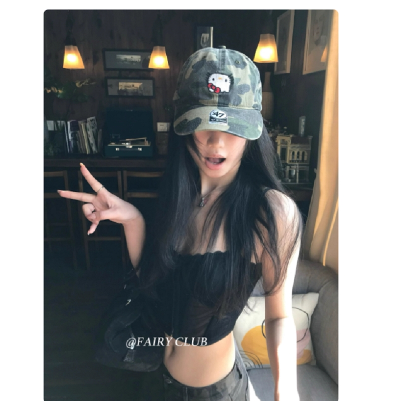 可爱迷彩刺绣kitty猫棒球帽女ins复古纯棉软顶嘻哈千禧潮牌鸭