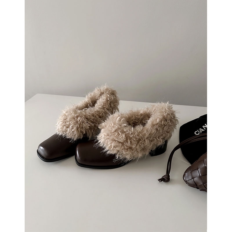 牛皮版~方头毛毛鞋一脚蹬复古加绒保暖玛丽珍小皮鞋棉鞋粗跟单鞋