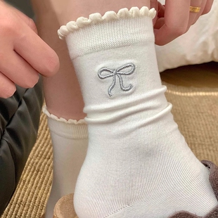 miu系灰色袜子女春秋季 纯棉中筒袜蝴蝶结花边堆堆袜韩系ins潮长袜