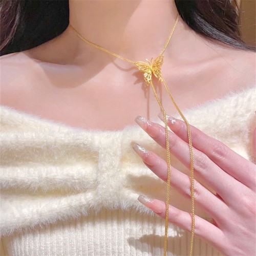 古法黄金色立体蝴蝶项链新中式气质轻奢小众高级抽拉式锁骨毛衣链