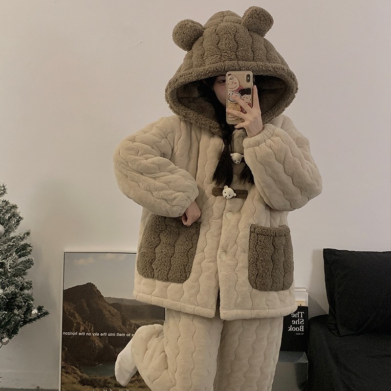 缪黛睡衣女2024新款秋冬季珊瑚绒三层夹棉加厚加绒冬天家居服套装