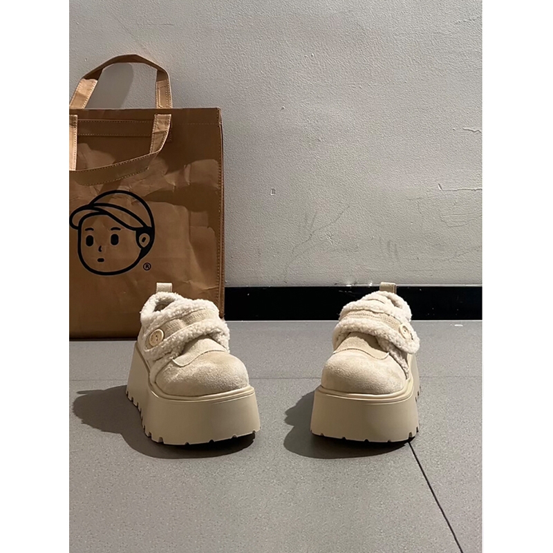 白色复古增高厚底加绒雪地棉鞋女冬2025新款加厚保暖毛毛勃肯鞋子