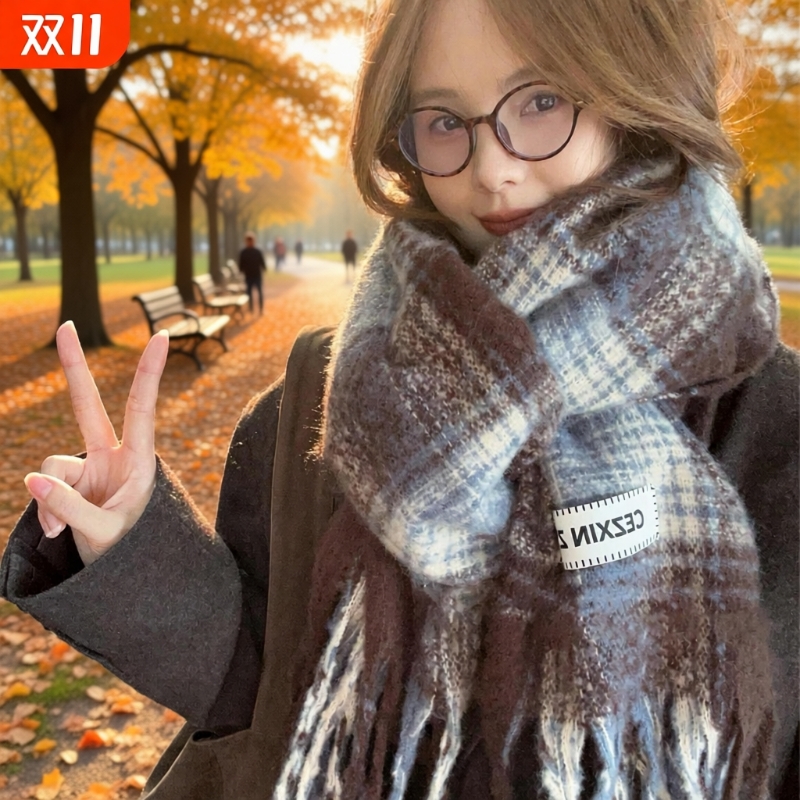 马海毛格子围巾女秋冬季2025新款氛围感ins韩版百搭保暖情侣围脖