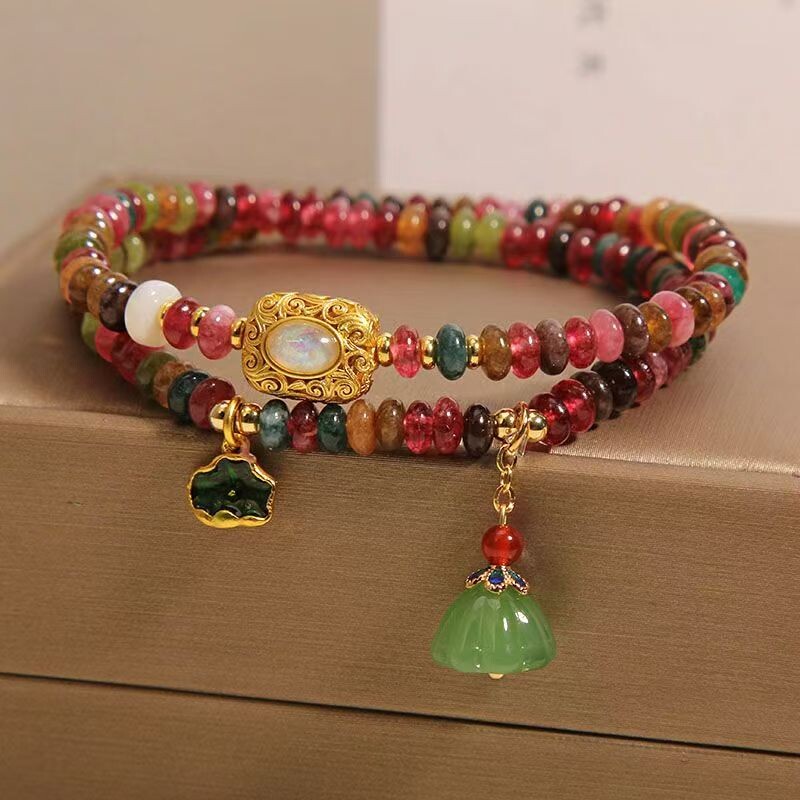 彩虹碧玺算盘珠双圈手链女款新中式轻奢小众精致荷叶莲蓬吊坠手串