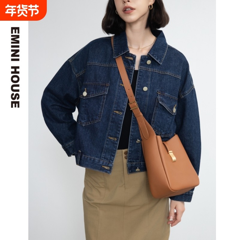 伊米妮2025小号时尚真皮黑色头层牛皮水桶包新款托特包斜挎包