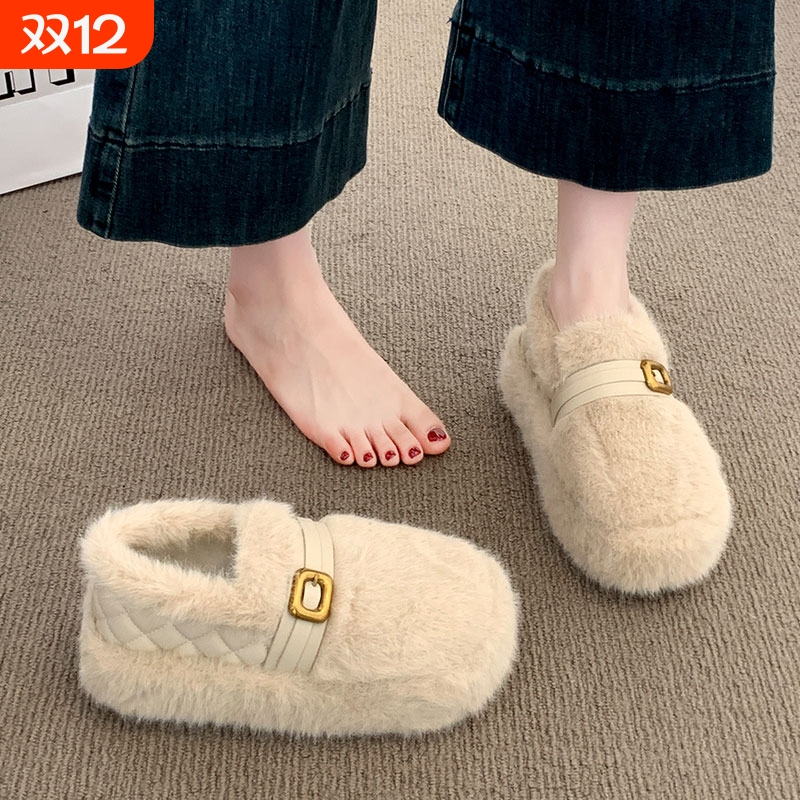 加绒全包勃肯鞋厚底雪地靴女2025新款冬季保暖一脚蹬毛毛棉鞋平底