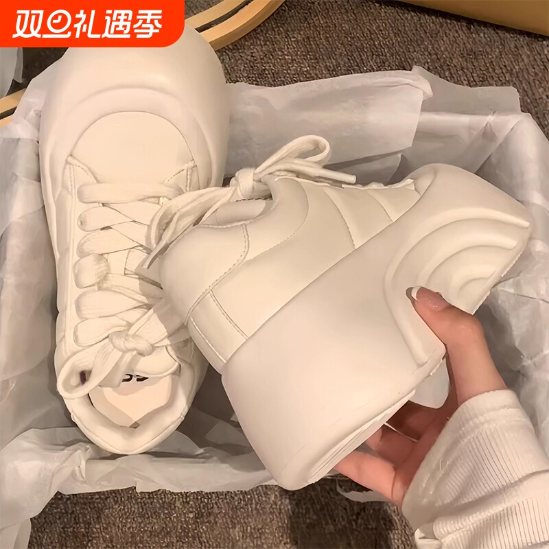 圆头超厚底真皮松糕小白鞋女2025春秋新款增高面包鞋休闲百搭板鞋