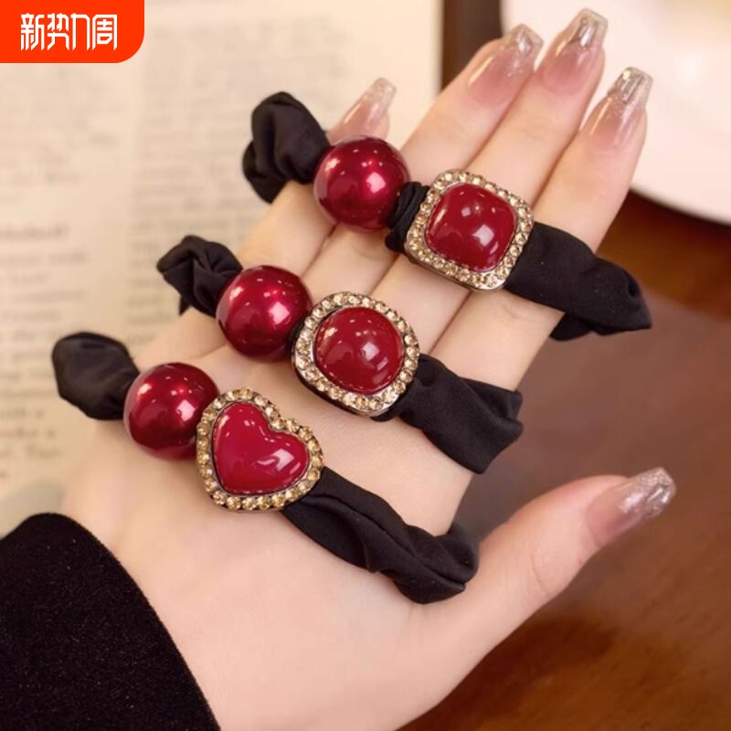 红色爱心发圈女韩版高级感水钻红色头绳小肠圈扎丸子头绳新年发饰