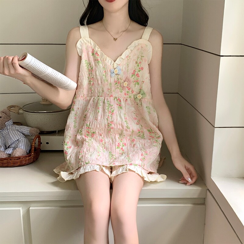 带胸垫吊带睡衣女2026新款夏季棉绸背心甜美可爱女生家居服短裤