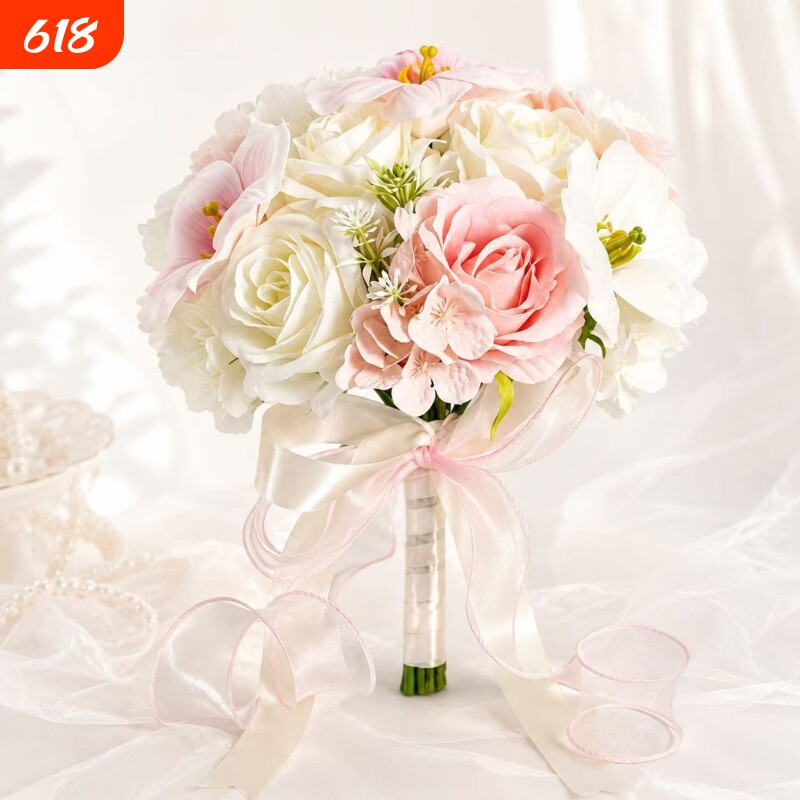 马卡系粉色手捧花仿真花束玫瑰新娘领证结婚影楼婚纱摄影伴娘婚礼