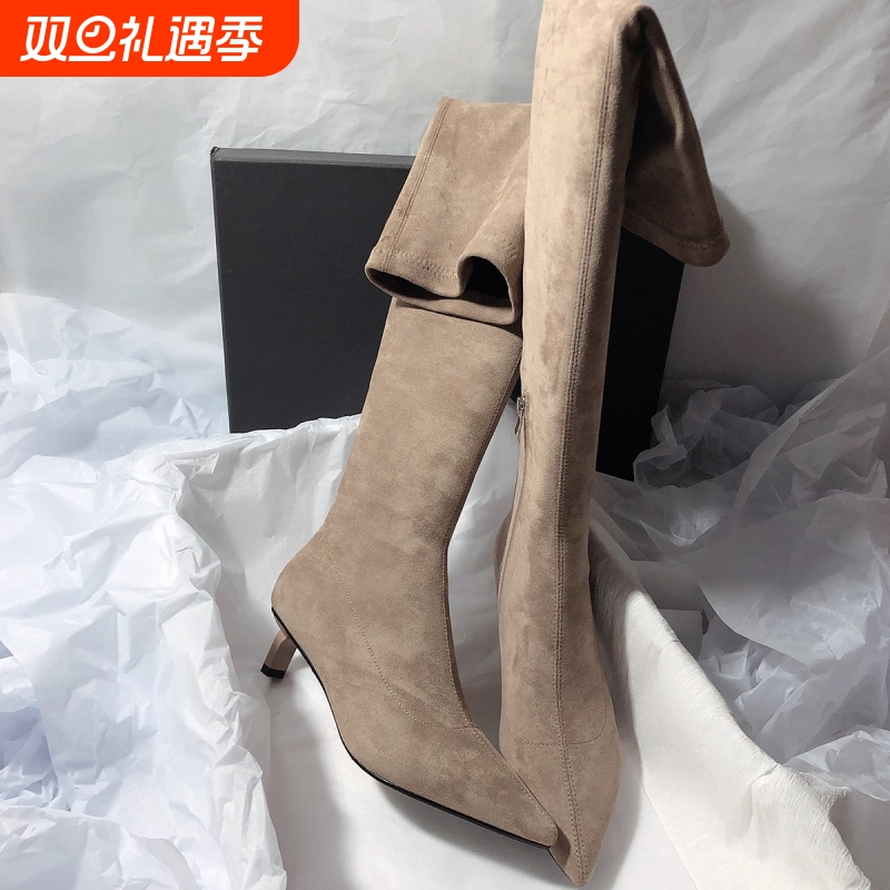 森屿海巷纯色侧拉链瘦瘦靴猫跟大码长靴尖头细跟过膝靴高筒中跟