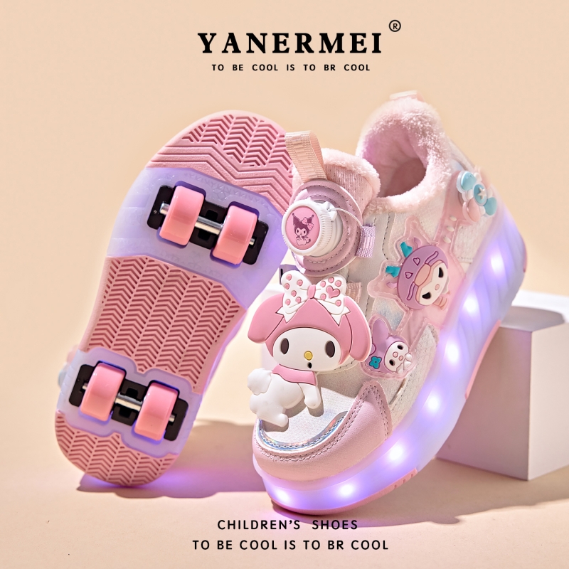 库洛米女童暴走鞋秋冬加绒新款儿童四轮二棉溜冰滑轮鞋女孩可充电