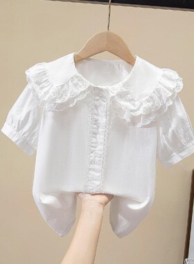 女童短袖衬衫2026新款儿童纯棉花边洋气衬衣夏季公主上衣娃娃领