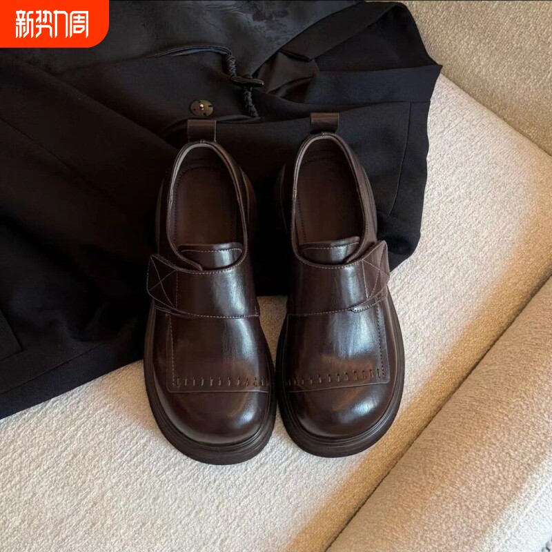 真皮复古厚底乐福鞋女春季魔术贴休闲百搭英伦学院风jk小皮鞋圆头
