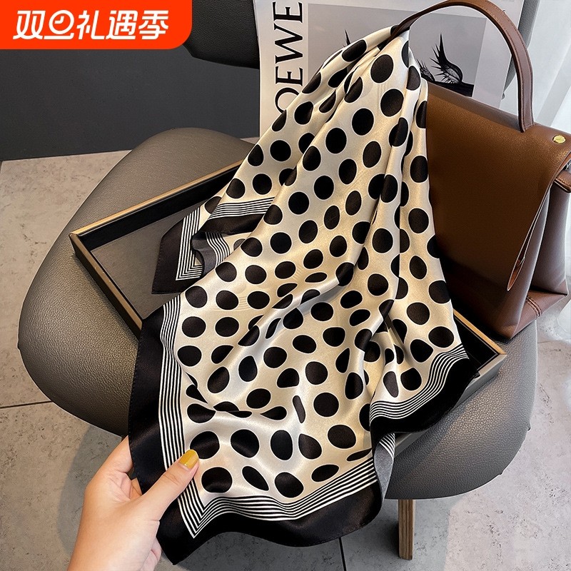 100%波点条纹丝巾小方巾女高档春秋网红小领巾搭西装桑蚕丝真丝