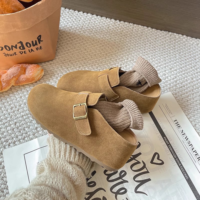 真皮版！小个子厚底增高7CM内增高勃肯鞋子女一脚蹬包头半拖单鞋