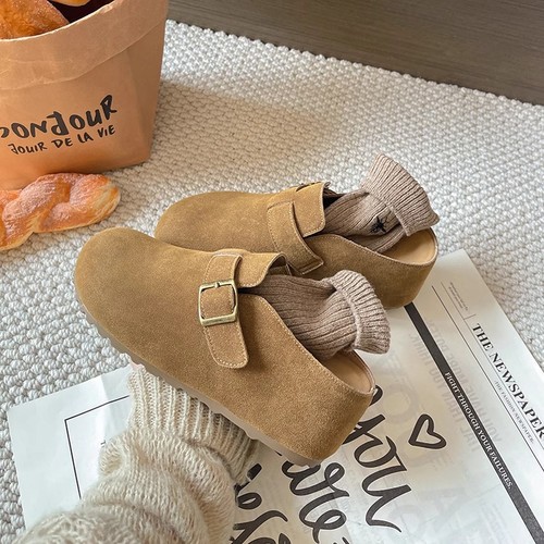 真皮版！小个子厚底增高7CM内增高勃肯鞋子女一脚蹬包头半拖单鞋