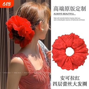方圆同款红色蕾丝圣诞新年2025年新款皮筋法式慵懒感复古花边发圈