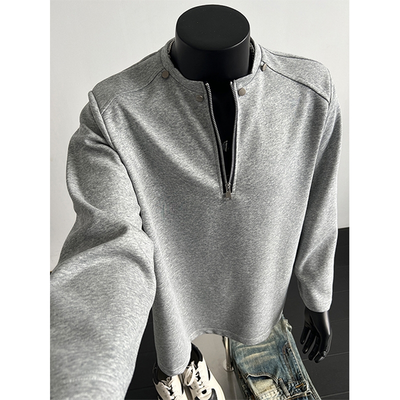 浅灰色铆钉半拉链垫肩T恤男秋季长袖内搭打底衫美式痞帅运动上衣