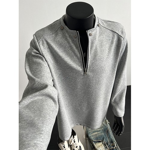 浅灰色铆钉半拉链垫肩T恤男秋季长袖内搭打底衫美式痞帅运动上衣