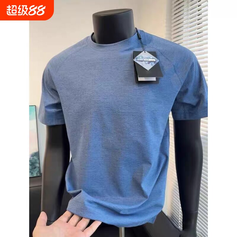 夏季冰丝港风ins休闲凉感速干户外运动跑步T恤男弹力健身纯色短袖