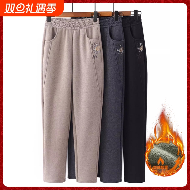中年妈妈春秋毛呢裤子女中老年人小个子奶奶秋冬装加绒运动裤直筒