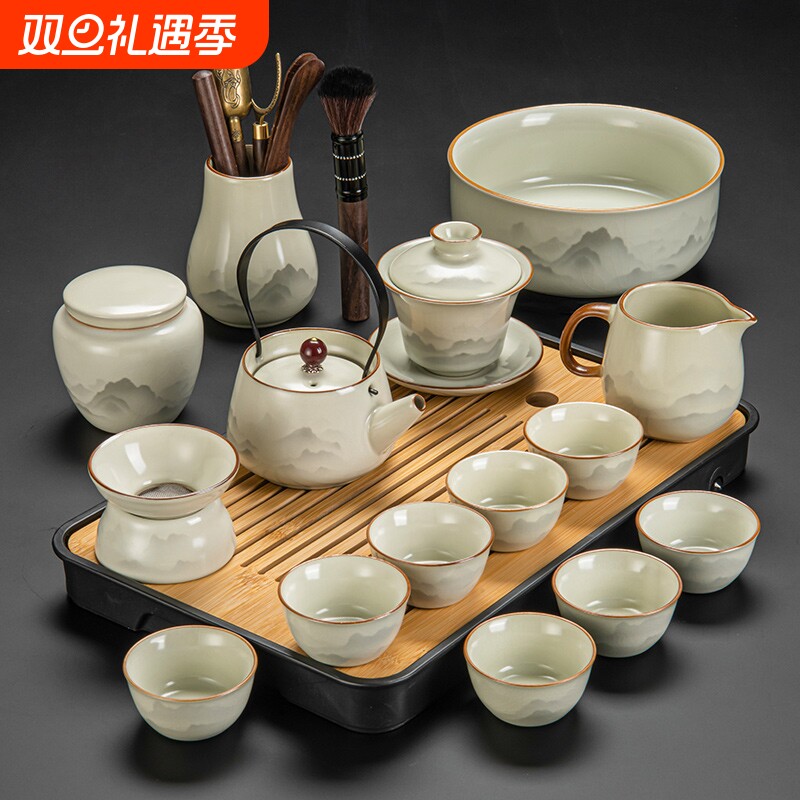 2025新款汝窑功夫茶具套装陶瓷茶壶盖碗茶杯茶盘轻奢高档家用泡茶
