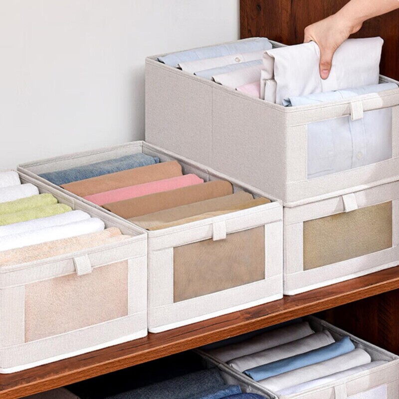 大号棉麻可视窗收纳盒厂可折叠杂物收纳筐内衣整理盒衣柜收纳带盖