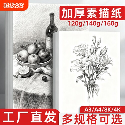 8k素描纸加厚100张美术画纸4k绘画纸铅画纸儿童a3画画白纸美术生专用四八开速写16k马克纸专业基础木浆