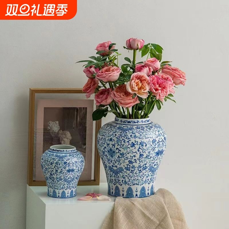 青花复古花瓶陶瓷客厅插花装饰摆件鲜花餐桌办公室大口径水培花器