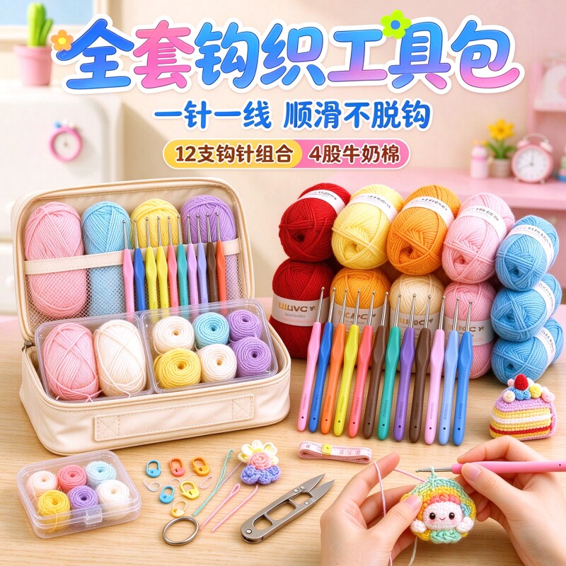 钩针编织初学者手工diy全套工具套装软柄勾针玩偶帽子材料包