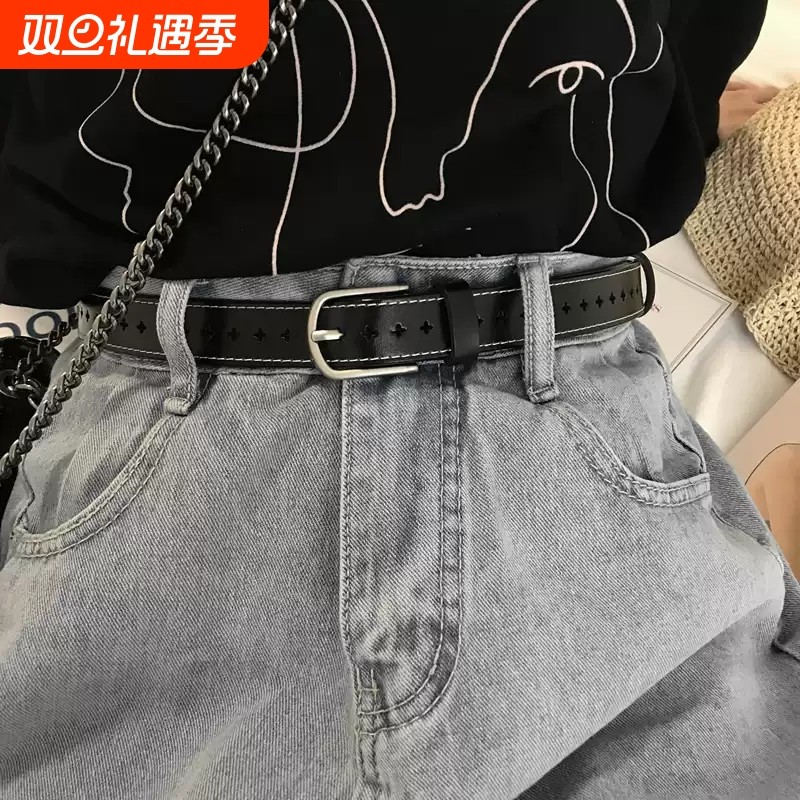 一条敲百搭的小皮带全孔简约真皮腰带四季复古软皮女士裤带针扣