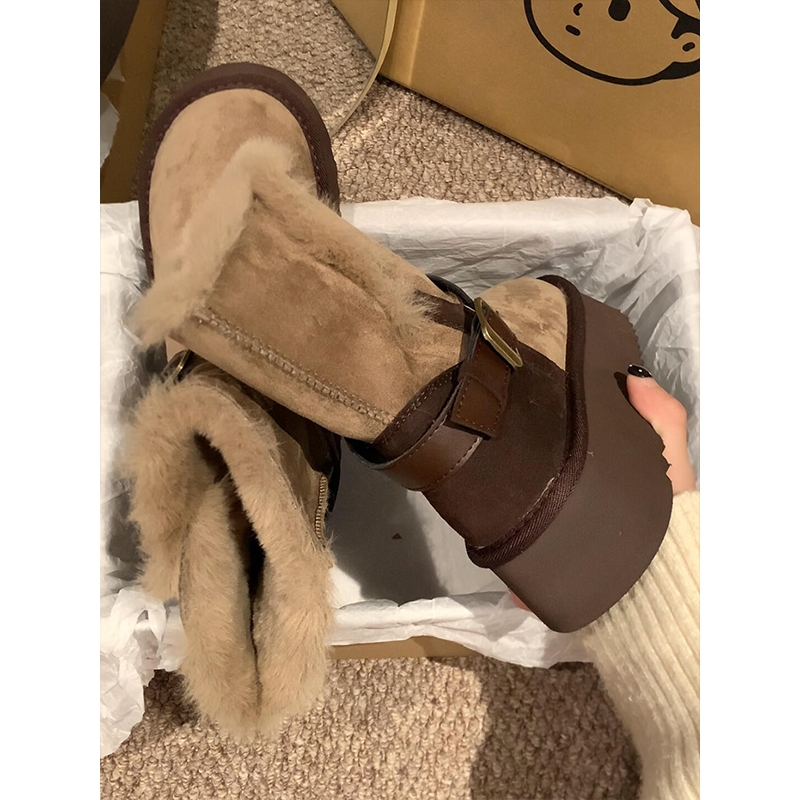 真皮厚底皮毛一体桑坡两穿长筒雪地靴女冬季加绒保暖短靴毛毛棉鞋