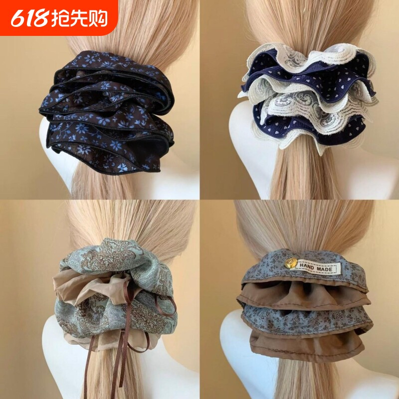 发圈韩系重工藏青色波点蕾丝四层大肠高级超大头发头绳头饰
