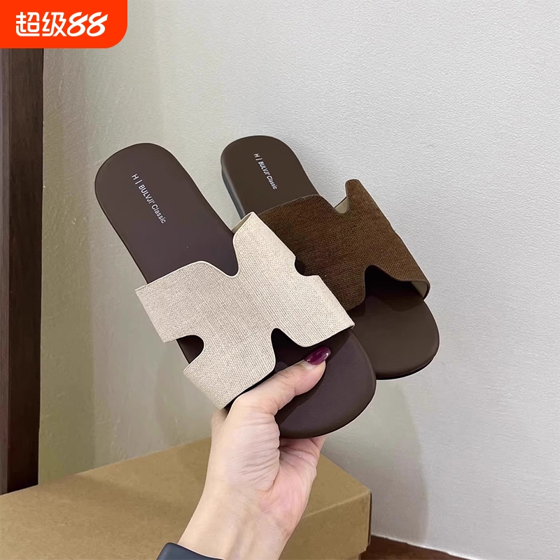 夏季度假风拖鞋女平底韩系新款一字H凉拖亚麻海边沙滩软外穿凉鞋