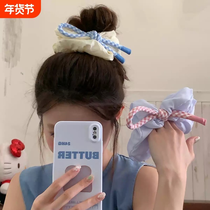 学院少女！粉蓝格打结飘带大肠圈发绳蓬松云朵发圈头绳丸子头皮筋,饰品/流行首饰/时尚饰品新,发饰,淘宝优惠券,粉丝福利购,淘宝优惠卷