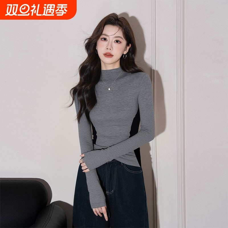 半高领打底衫女秋冬新款撞色拼接内搭长袖T恤修身高级感显瘦上衣