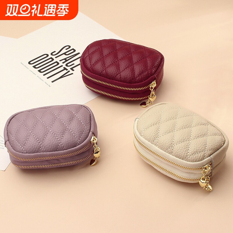 2025新款双层拉链零钱包女小巧便携小钱包菱格圆形小手包手拿小包