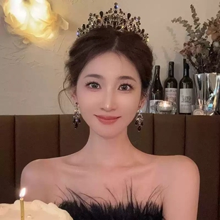 法式复古奢华黑色皇冠发箍赫本风新娘头饰十八岁生日王冠公主水钻